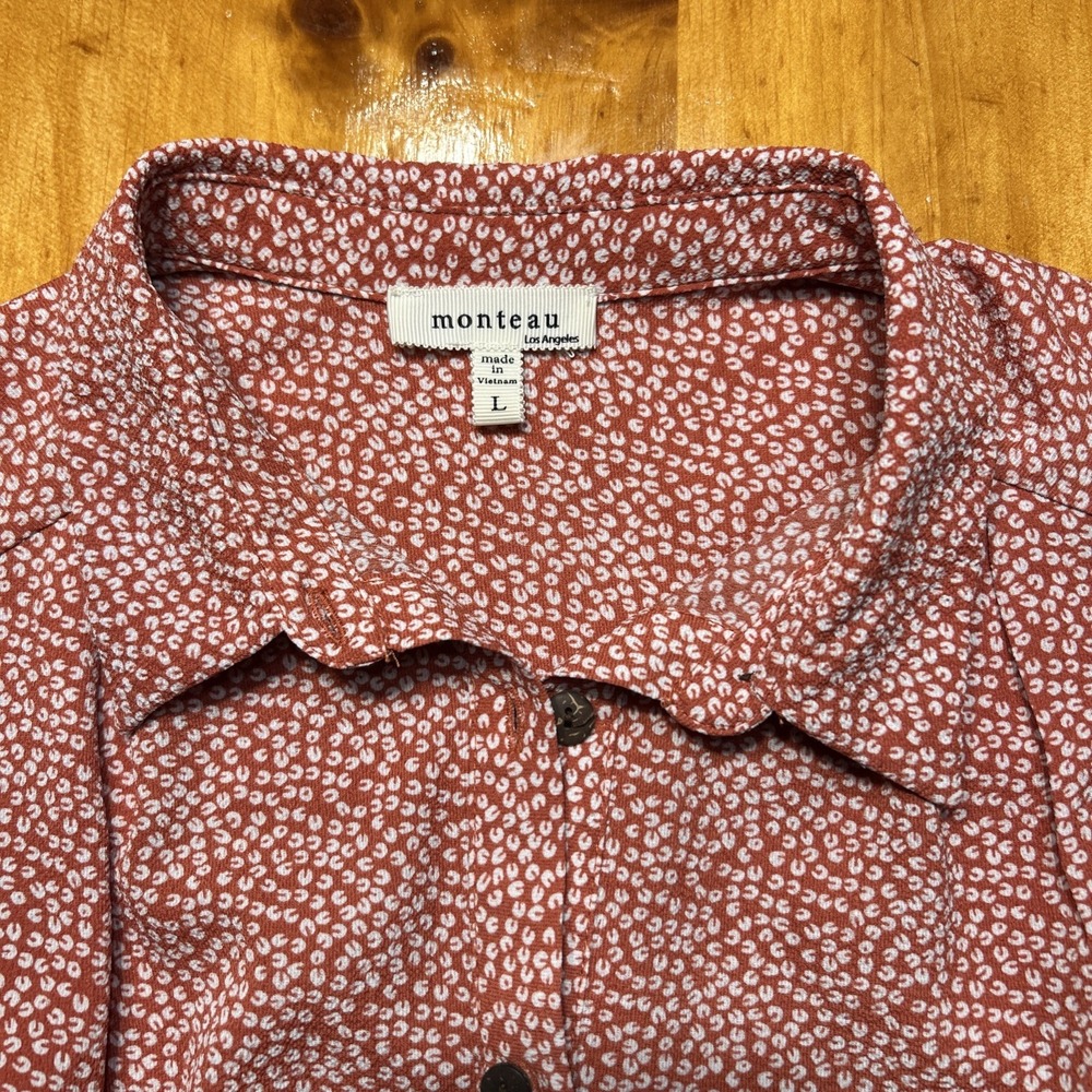 Monteau LA Cottagecore Boho Rust Floral Button Down Shirt Dress Midi Tie Waist - Picture 3 of 12